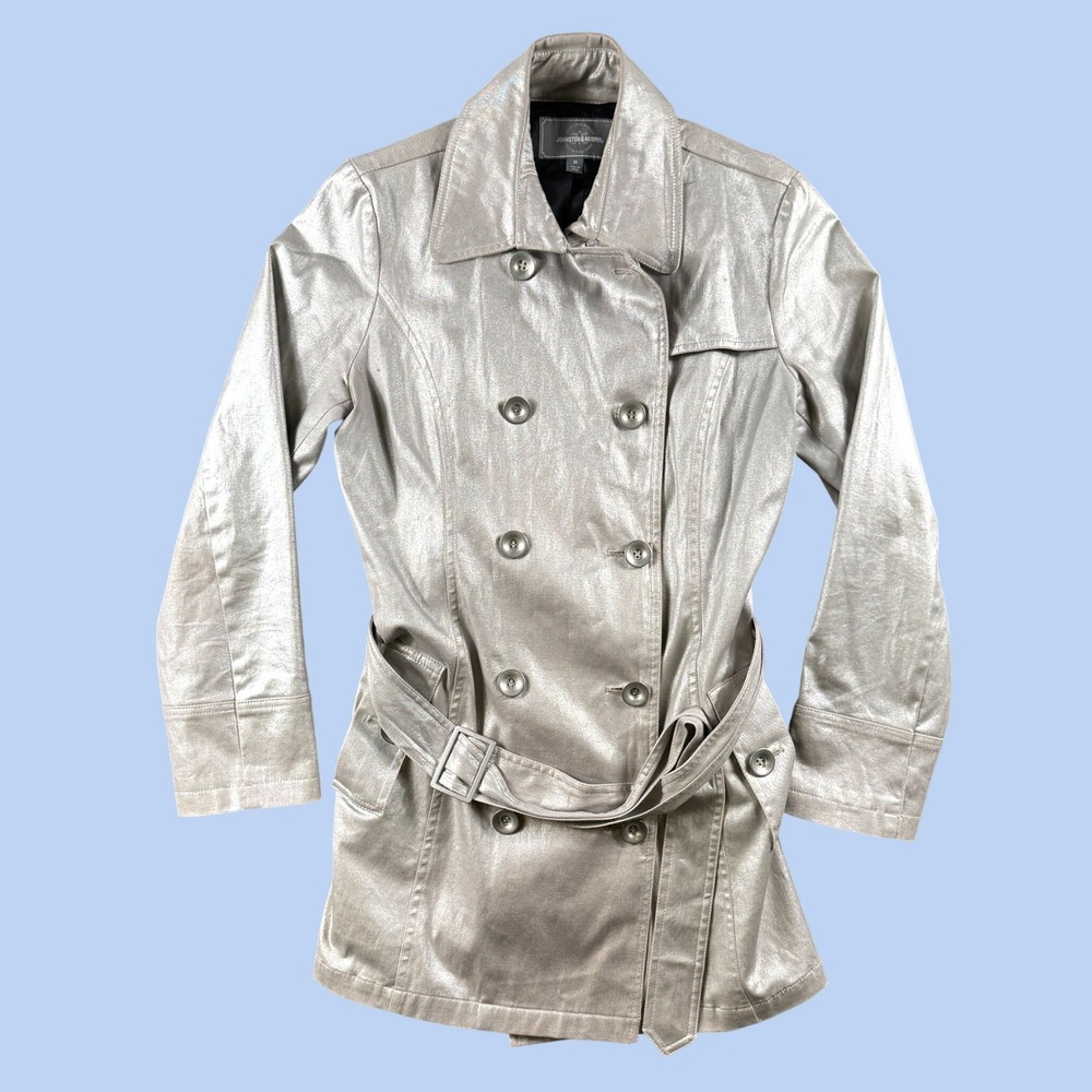 Johnston & Murphy Trench Coat Womens‎ M Silver Metallic Belted Double Breasted